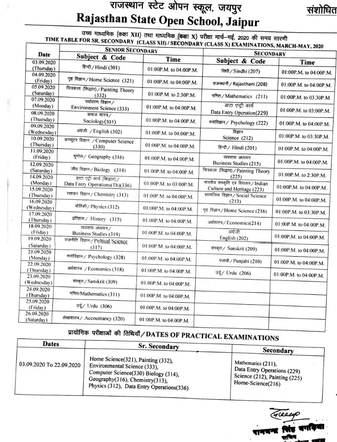 RSOS 10th Date Sheet 2020 PDF (Out) | RSOS Secondary Exam Dates