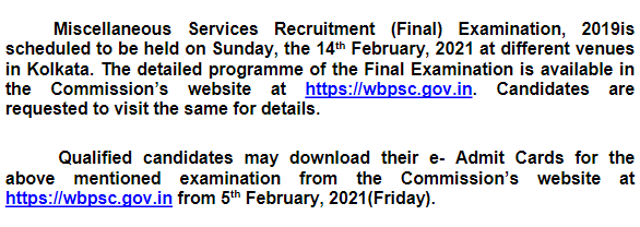 WBPSC Miscellaneous Services Final Exam Date