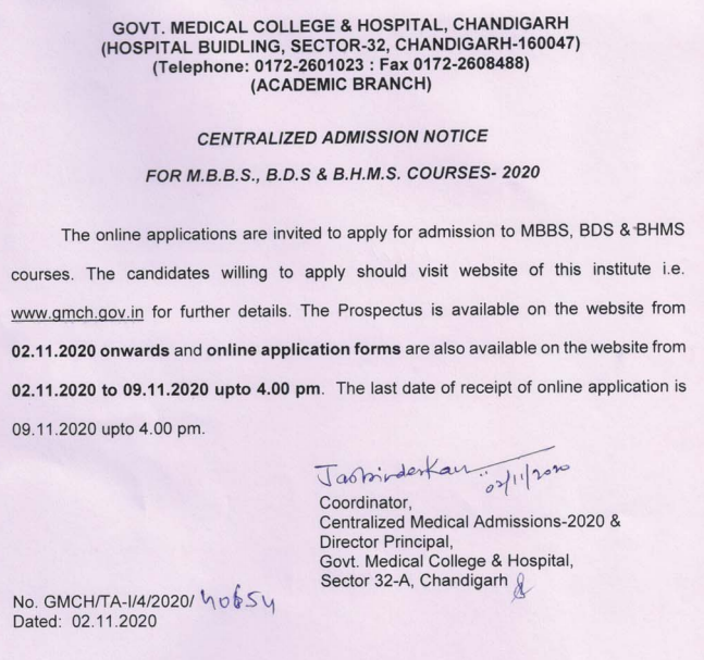 Chandigarh NEET UG Counselling Short Noticer