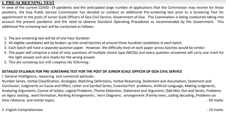 Goa PSC Pre Screening Test Exam Pattern