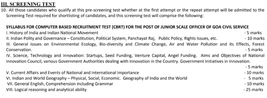 Goa PSC Screening Test Pattern