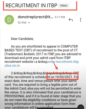 ITBP Admit Card Sample Mail