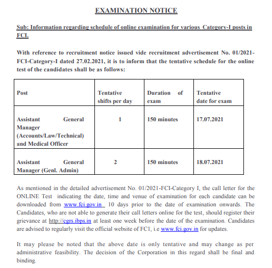 FCI AGM, MO Exam Notice