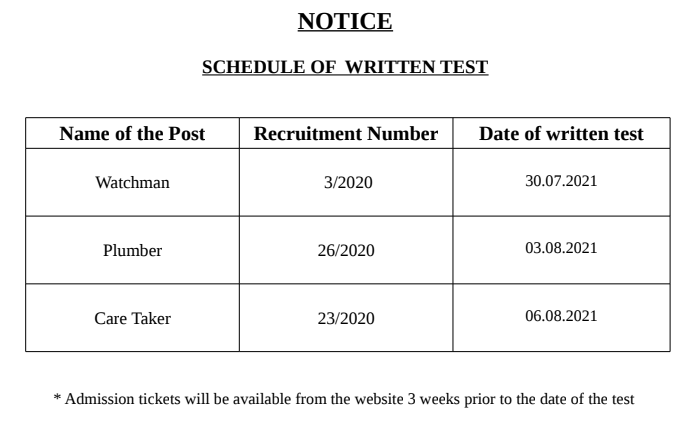 Kerala High Court Watchman Plumber Caretaker Exam Date