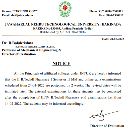 JNTUK B.Tech, B.Pharm 2-1 2nd Mid Postponed Notice