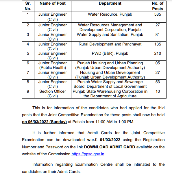 PPSC JE Admit Card Notice