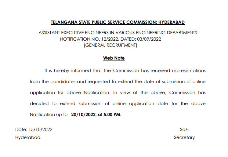 TSPSC AEE Notification 2022 | 1540 Assistant Executive Engineer Posts