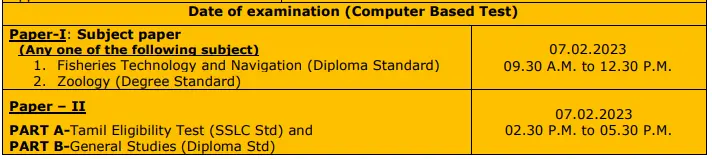 TNPSC Sub Inspector of Fisheries Exam Schedule