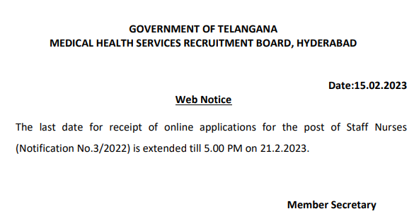 Telangana Staff Nurse Recruitment 2023 Last date Extension Notice