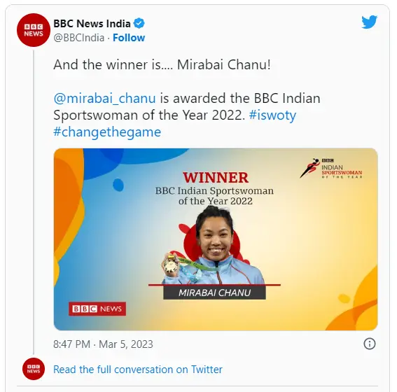 Mirabai Chanu wins BBC Indian Sportswoman Of The Year