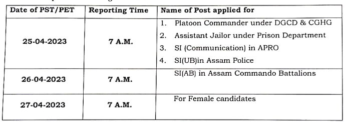 Assam Police SI, Assistant Jailor PET, PST Exam Dates Notice